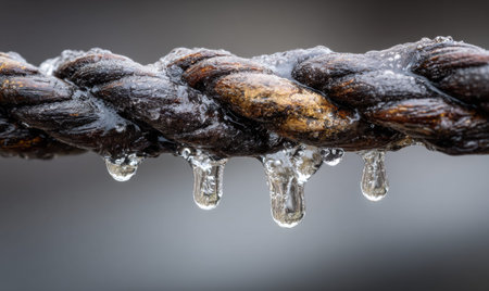 A rope is covered in ice and water droplets. The rope is brown and the water droplets are clearの素材