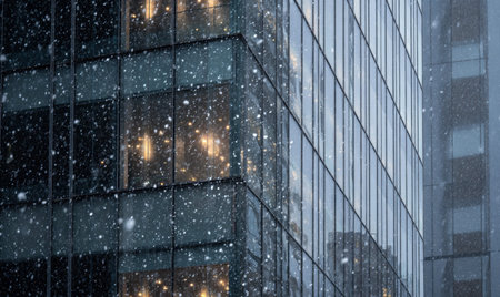 A tall building with snow on it. The building has a lot of windowsの素材