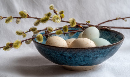 A blue bowl filled with four eggs and a green leaf branch. The eggs are white and the leaves are green. The bowl is placed on a white surfaceの素材