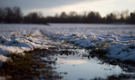 A snowy field with a small puddle of water in the middle. The puddle is surrounded by snow and he is reflecting the skyの素材