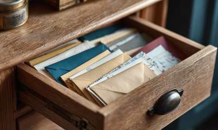 A drawer full of letters and postcards. The drawer is brownの素材