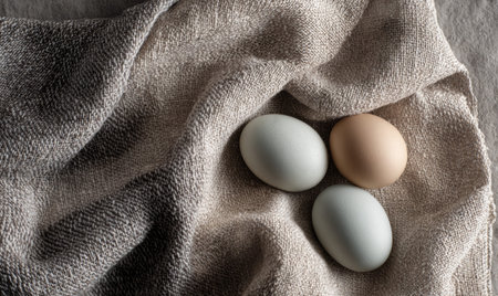 Three eggs are sitting on a piece of cloth. One is white, one is brown, and one is speckledの素材