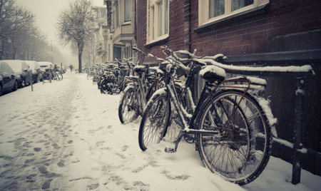 A row of bicycles are parked on a snowy sidewalk. The bikes are chained to a wallの素材