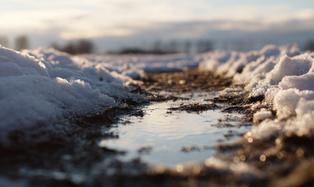 A snow covered road with a small stream of water running through it. The water is clear and the snow is whiteの素材
