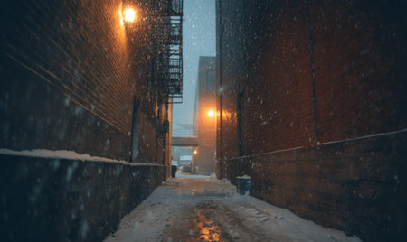 A snow covered alleyway with a trash can in the middle. The alleyway is lit by a street lightの素材