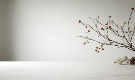 A white wall with a branch on it. The branch is brown and has a few leaves. There is a small pile of leaves on the tableの素材