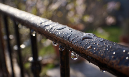 A metal railing with raindrops on it. The railing is on a balconyの素材