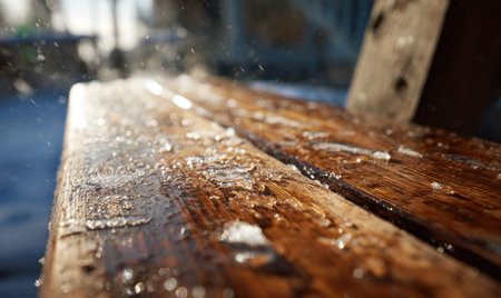 A bench with a wooden top and a layer of ice on it. The bench is outside and has a view of the snowの素材