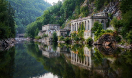 A river with a house on the bank. The house is old and has a lot of vines growing on itの素材