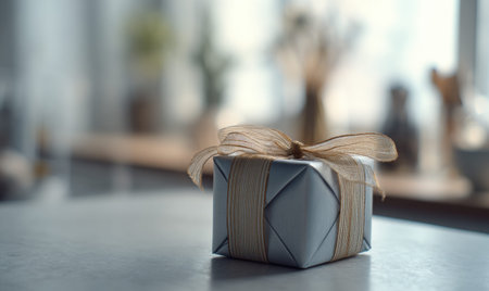 A silver box with a ribbon tied around it. The ribbon is brown. The box is on a tableの素材