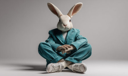 A rabbit is wearing a blue suit and sitting on a white surface. The rabbit has a white face and is wearing white shoesの素材