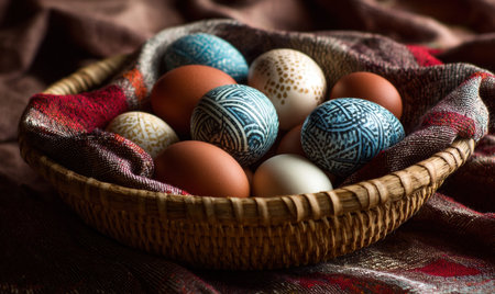 A basket of eggs with blue and white designs on them. There are nine eggs in the basketの素材