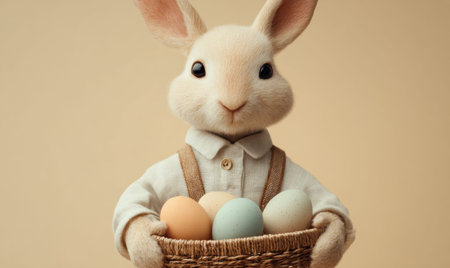 A rabbit is holding a basket of eggs. The basket is filled with eggs of different colors. The rabbit is standing on a white backgroundの素材