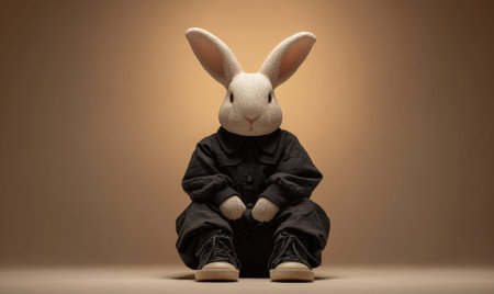 A rabbit is sitting on the ground. It is wearing a black jacket and black pants. The rabbit is looking at the cameraの素材