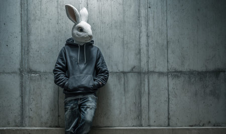 A man is wearing a rabbit mask and a black hoodie. He is standing on a concrete wallの素材