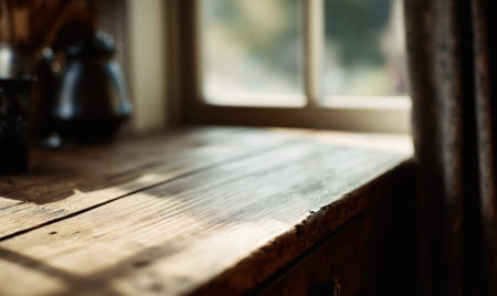 A wooden table with a window in the background. A black tea kettle sits on the table. A curtain is hanging over the windowの素材
