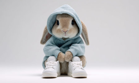 A rabbit is wearing a blue hoodie and white shoes. It is sitting on a white surfaceの素材