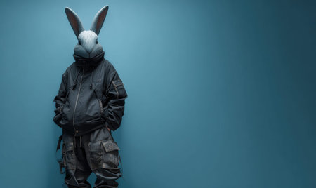 A man in a black jacket and pants is wearing a rabbit mask. He is standing in front of a blue wallの素材