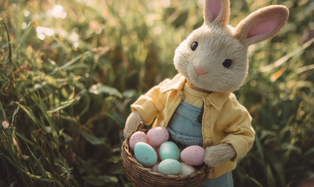 A rabbit is holding a basket of eggs. The basket is full of eggs, and the rabbit is standing in a fieldの素材