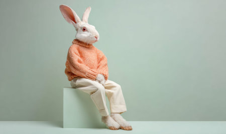A rabbit is sitting on a box. The rabbit is wearing a sweater and pants. The sweater is orange and the pants are whiteの素材