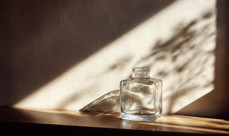 A glass vase is sitting on a wooden shelf. The vase is empty. The sunlight is shining on the vase, creating a shadowの素材