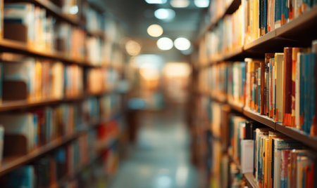 A library with bookshelves and books. The shelves are full of books. The books are of different sizes and colorsの素材
