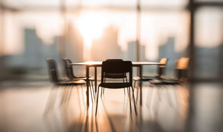 A table with a few chairs around it. The chairs are empty. The table is in a room with a windowの素材