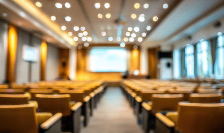 A large auditorium with a projector screen and a microphone. There are many chairs in the roomの素材