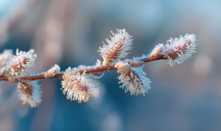 A branch of a tree covered in snow. The branch is covered in snow and has a few budsの素材
