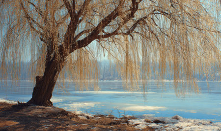 A tree with long branches is in front of a body of water. The water is frozen and the sky is clearの素材