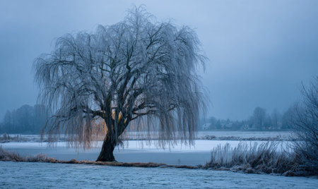 A large tree with snow on it is in a field. The sky is cloudy and the ground is covered in snowの素材