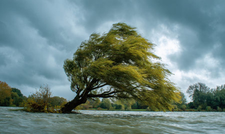 A large tree is in the water. The water is choppy and the sky is cloudyの素材