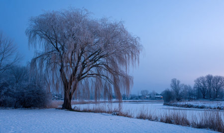 A large tree with branches covered in snow. The sky is blue and the snow is white. There is a house in the backgroundの素材