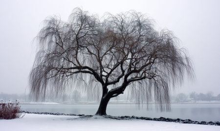 A tree with snow on it is in front of a body of water. The tree is bare and has no leavesの素材