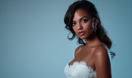 A woman wearing a white dress and earrings. She has a black hair style. She is standing in front of a blue wallの素材