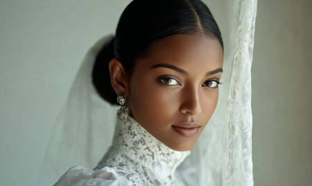 A woman wearing a white dress and a veil. She has a black hair and is wearing earringsの素材