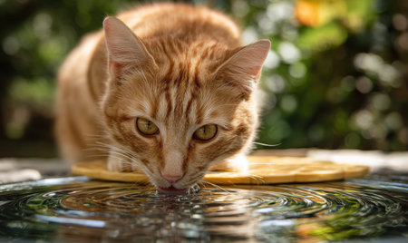 A cat is drinking water from a bowl. The cat is an orange tabby and it is looking at the cameraの素材