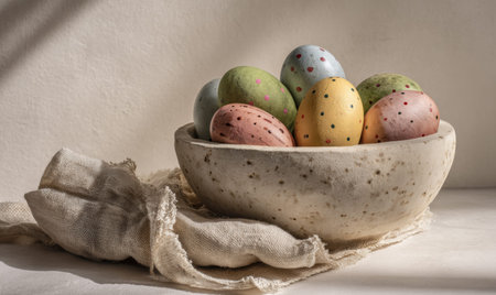 A bowl of painted eggs sits on a white tablecloth. The eggs are in various colors and sizes, and some have polka dotsの素材
