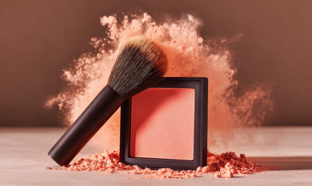 A brush and a powder compact are on a table. The brush is black and the powder compact is pinkの素材