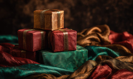 Three boxes of gifts are stacked on top of each other. The boxes are red and greenの素材