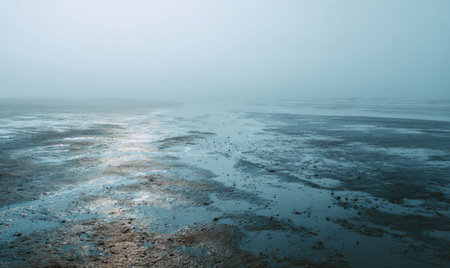 A foggy day with a body of water. The water is calm and the sky is overcastの素材