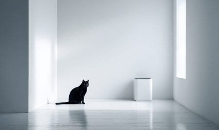 A black cat is sitting in a room with a white wall. There is a white box in the roomの素材