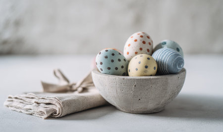 A bowl of eggs with a napkin on top. The napkin is white and has a bow on itの素材