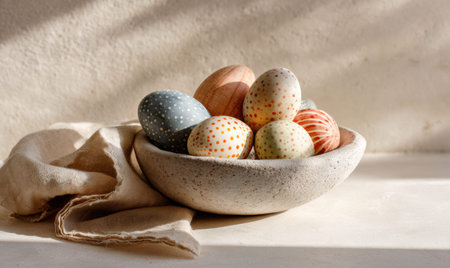 A bowl of eggs with a white cloth underneath. The eggs are of different colors and sizes. The bowl is placed on a tableの素材