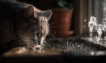 A cat is licking water from a bowl. The water is splashing and the cat is licking itの素材