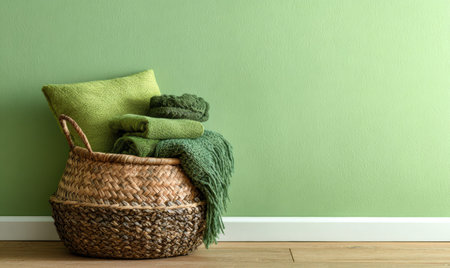 A basket with a green blanket and a green pillow. The basket is on a wooden floorの素材