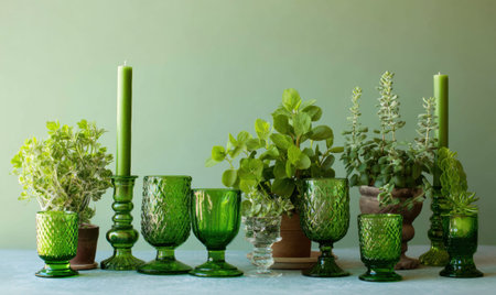 A green table with many green vases and candles. The vases are of different sizes and shapesの素材