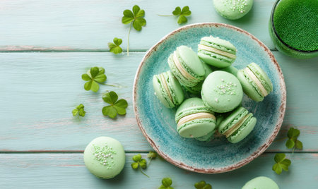 A plate of green macaroons sits on a wooden table. There are nine macaroons on the plateの素材