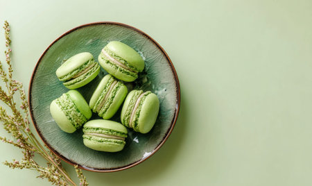 A plate of green macaroons. There are six of themの素材