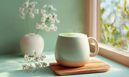 A white mug with green tea sits on a wooden tray. The tray is placed on a table next to a vase of flowersの素材